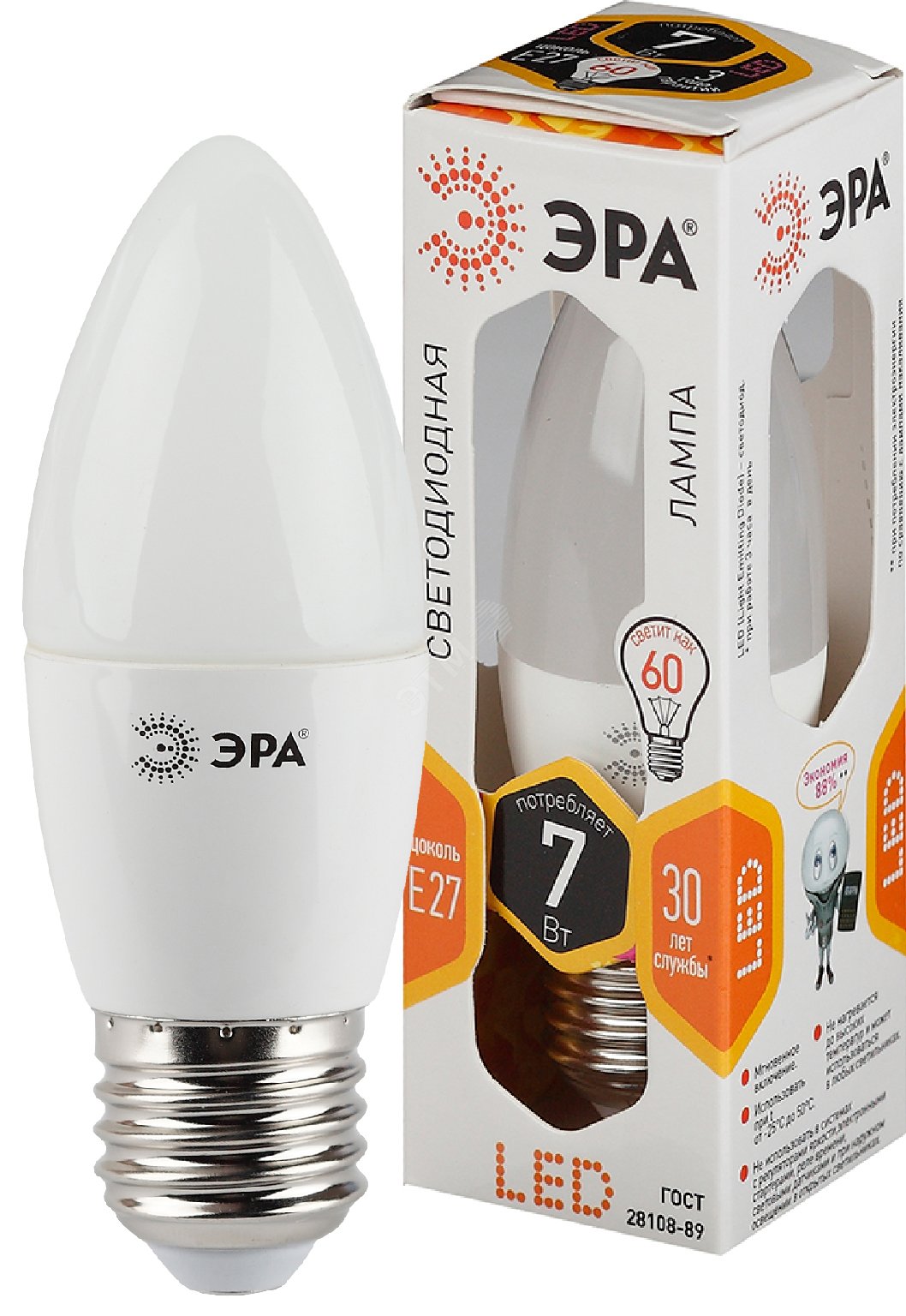 Лампа светодиодная LED B35-7W-827-E27 (диод, свеча, 7Вт, тепл, E27, (10/100/2800)