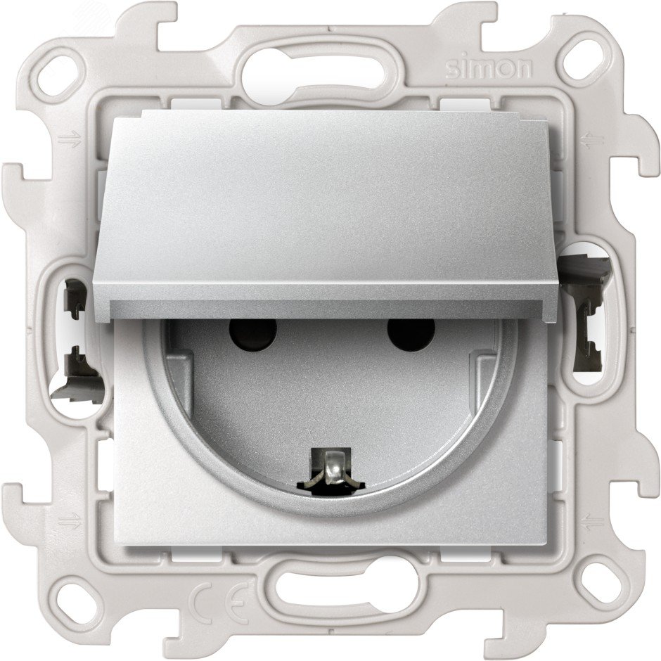 Розетка IP44 с крышкой, заземлением и шторками Schuko 2Р+Е 16A 250В~ с системой Push&Go цвета алюминий S24 Harmonie