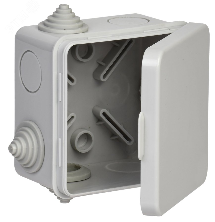 Коробка распаячная КМ41238 для открытой проводки соткидной крышкой 80х80х50мм IP54 (RAL 7035, 7 гермовводов)