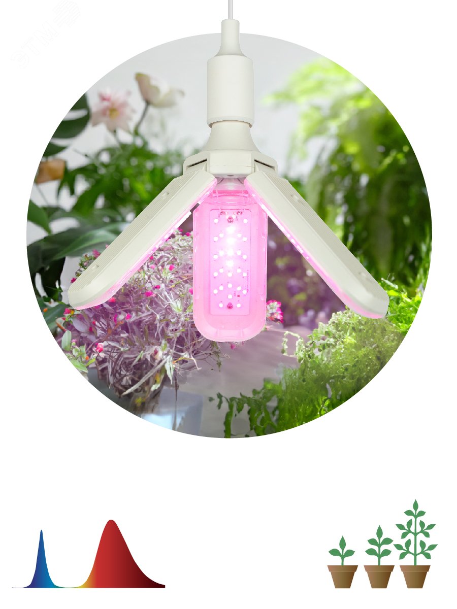 Фитолампа для растений светодиодная FITO-24W-RB-E27-FOLD 3-х лепестковая красно-синего спектра 24 Вт Е27