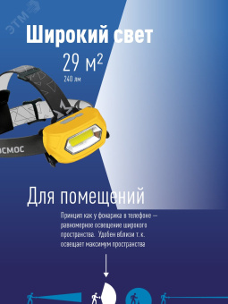 Фонарь налобный аккумуляторный , 3W COB LED, аккум. 3,7V 800mAh, 210Lm, 6 часов, Косм ос