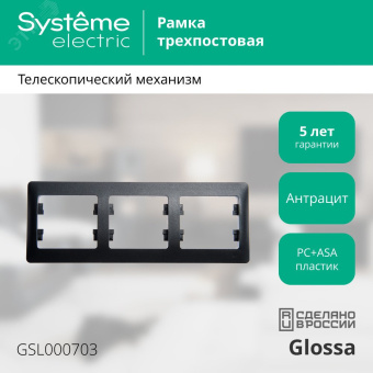GLOSSA Рамка 3 поста горизонтальная антрацит