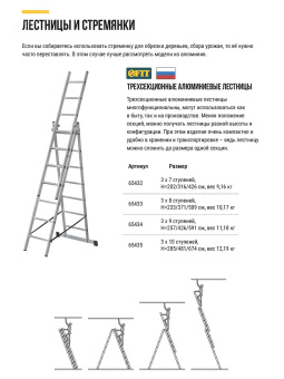 Лестница трехсекционная алюминиевая, 3 х 9 ступеней, H=257/426/591 см, вес 11.18 кг
