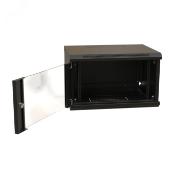 Шкаф настенный 19-дюймовый 19'' 9U 500x600х600мм стеклянная дверь с перфорацией ручка с замком черный RAL 9004 WRline''