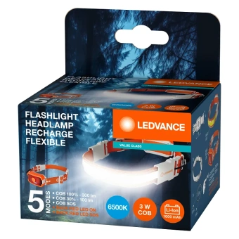 Фонарик налобный | 3W/6500K/300Lm/IP20 | USB-зарядка (Type-C) | - LEDVANCE